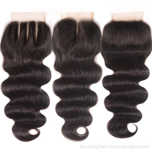 Lan-Daisy Peruvian Body Wave Human Hair Lace Closure 4X4 Free Part  150% Density  Three Part And Middle Part Closure
